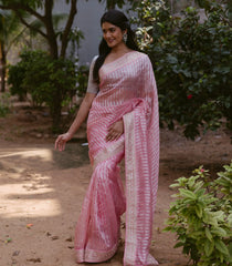 Bubble-gum Pink Woven Organza Silk Saree With Embroidered Floral Motifs