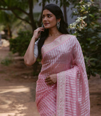 Bubble-gum Pink Woven Organza Silk Saree With Embroidered Floral Motifs