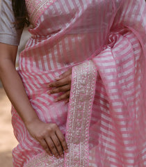 Bubble-gum Pink Woven Organza Silk Saree With Embroidered Floral Motifs