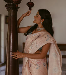 Light Peach Handwoven Tussar Saree With Printed Floral Motifs