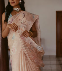 Light Peach Handwoven Tussar Saree With Printed Floral Motifs