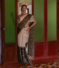 Cream Handloom Tissue Saree With Long Brown Border