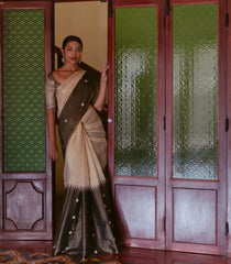 Cream Handloom Tissue Saree With Long Brown Border