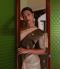 Cream Handloom Tissue Saree With Long Brown Border