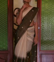 Cream Handloom Tissue Saree With Long Brown Border