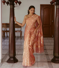 Peach Woven Banarasi Tissue Silk Saree With Floral Buttas