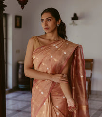 Peach Woven Banarasi Tissue Silk Saree With Floral Buttas