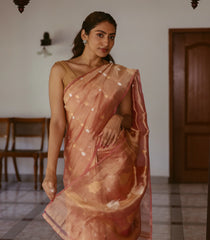 Peach Woven Banarasi Tissue Silk Saree With Floral Buttas