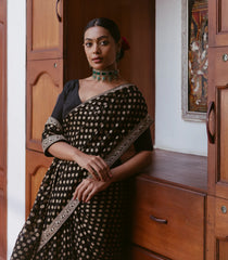 Black Woven Khadi Georgette Saree With Floral Motifs & Embroidery