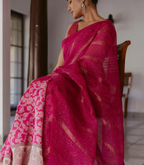 Pink Handwoven Organza & Linen Partly Saree