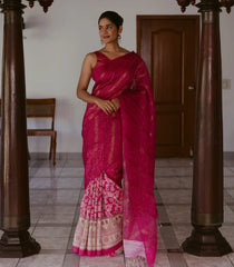 Pink Handwoven Organza & Linen Partly Saree