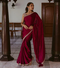 Burgundy Woven Plain Satin Saree With Embroidered Border