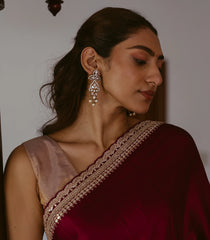 Burgundy Woven Plain Satin Saree With Embroidered Border