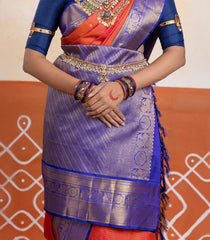 Orange Handloom Korvai Kanchipuram 9 Yards Silk Saree With Stripes & Contrast Border-KA13408
