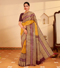 Yellow Handloom Korvai Kanchipuram Silk Saree With Veldhari Stripes-KA15527