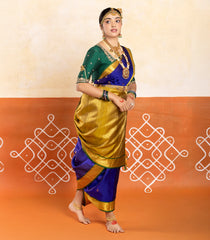Blue Handloom Kanchipuram 9 Yards Silk Saree With Buttas & Contrast Border-KA13407