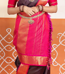 Dark Brown Handloom Korvai Kanchipuram 9 Yards Silk Saree With Contrast Border-KA15966