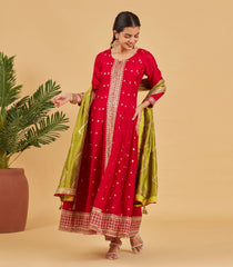 Bright Red Anarkali Set With Lime Green Dupatta