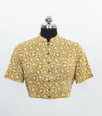 Mustard Yellow Floral Block-Print Collar Blouse-RB5230
