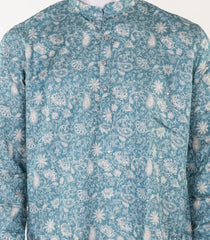 Teal Mid Length Kurta with floral print -EW1090