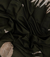 Dark Olive Printed Chanderi Cotton Saree With Zari Border-BL5493