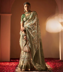 Light Green Woven Blended Organza Saree With Printed & Embroidered Motifs-BL4064