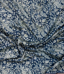Navy Blue Printed Chanderi Cotton Saree With Zari Border-CC1521