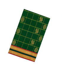Dark Green Handloom Silk Cotton Saree With Checks & Buttas-SC3934