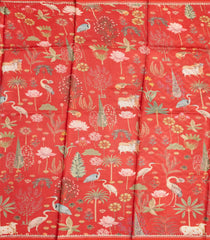 Red Handloom Tussar Saree With Printed Chevron & Animal Motifs-TU3063