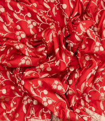 Red Handloom Banarasi Silk Saree With Floral Vine Motifs-BE1486