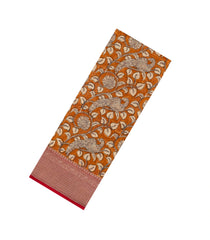 Orange Printed Chanderi Cotton Saree With Zari Border-CC1588