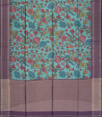Turquoise Woven Synthetic Dupion Saree With Printed Kalamkari Motifs-BL4334