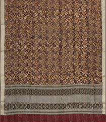 Brown Printed Chanderi Cotton Saree With Checks & Floral Motifs-CC1613