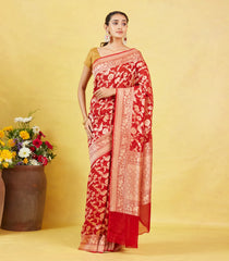 Red Banarasi Khaddi Georgette Silk Saree With Vanasingaram Motifs