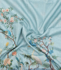 Light Blue Printed Linen Saree With Peacock Motifs-LI0751