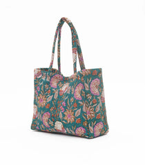 Cyan Handmade Tote Bag With Printed Motifs With Button (14"H X 17"W X 8"D)-ACS1053