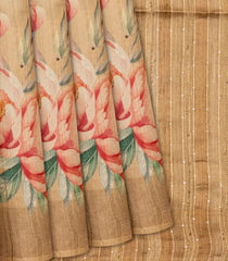 Beige Handloom Tussar Silk Saree With Printed Crane Motifs-Beige