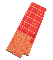 Red Handloom Kanchipuram Silk Saree With Zari Checks & Buttas-KA16404