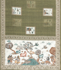Sage Green Printed Art Linen Saree With Zari Checks-BL6069