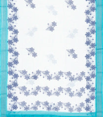 White Woven Art Linen Saree With Printed Floral Motifs & Cyan Border-BL4633