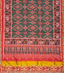Dark Green Handloom Blended Silk Saree With Ikat Motifs & Hand Embroidered Selvage-EN1714