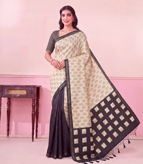 Beige Printed Synthetic Kotha Silk Saree With Floral Motifs & Zari Border-SY0613