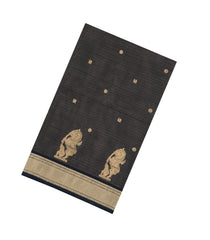 Black Handloom Soft Silk Cotton Saree With Zari Stripes & Buttas-SC4598