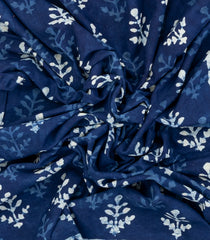 Indigo Printed Jaipur Cotton Saree With Floral Motifs-JC1438