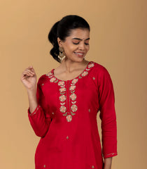 Red Embroidered Festive Kurta-KR0845