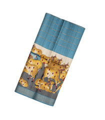 Steel Blue Handloom Tussar Silk Saree With Checks & Printed Motifs-TU2597