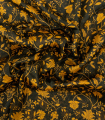 Black Handloom Linen Saree With Printed Yellow Floral Motifs-LI0781