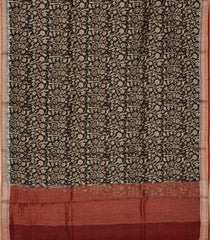 Black Handloom Tussar Silk Saree Printed With Floral Vine Motifs