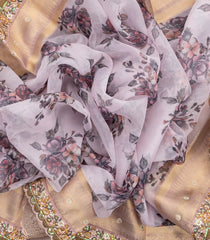 Lavender Woven Fuchsia Georgette Digital Printed Saree With Embroidered Motifs & Handbag-BL3804
