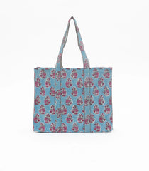 Light Blue Bagru Printed Handmade Cotton Quilted Tote Bag-ACS1028